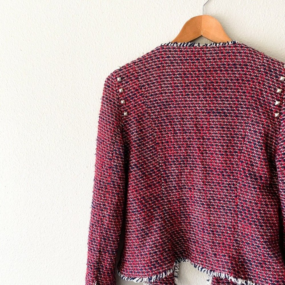 Zara Trafaluc red blue studded jacket frayed cotton acrylic L - Picture 8 of 9